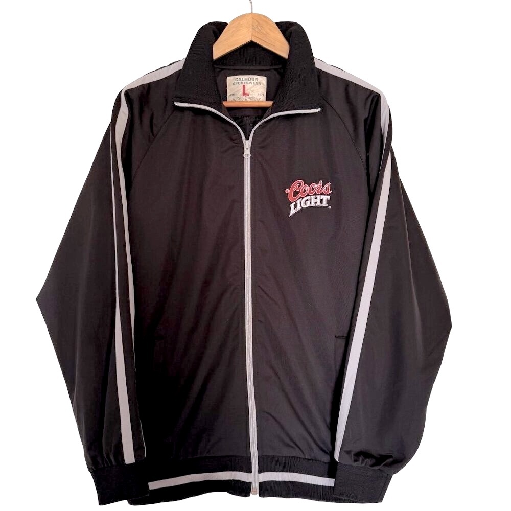 Coors Light Track Jacket Men Large Black Silver Red Beer Logo Racing Stripe Moto